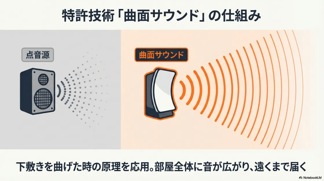 一般的な点音源スピーカーと、下敷きを曲げた原理を応用して音を遠くまで届ける曲面サウンドの比較図