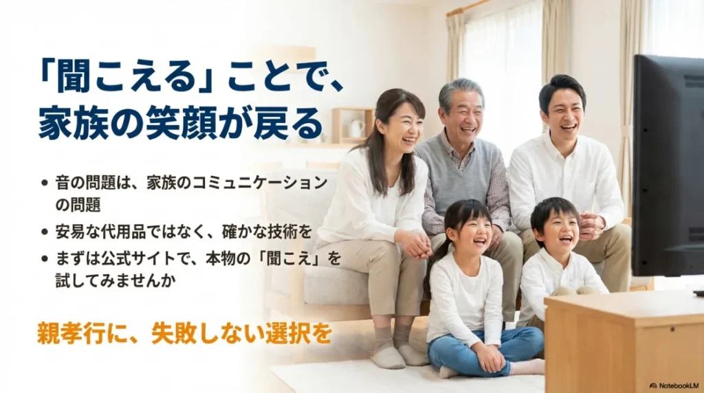 「聞こえる」ことで家族の笑顔が戻ることを表現したスライド。安易な代用品ではなく確かな技術を、というメッセージ