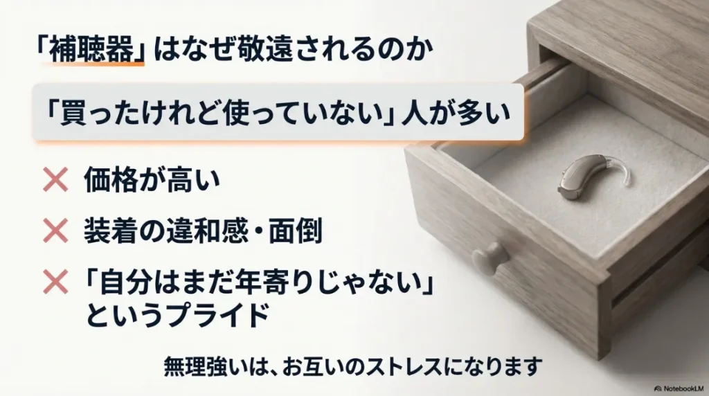 補聴器が高い、装着の違和感、心理的抵抗感など、買ったけれど使わない人が多い理由を説明するスライド