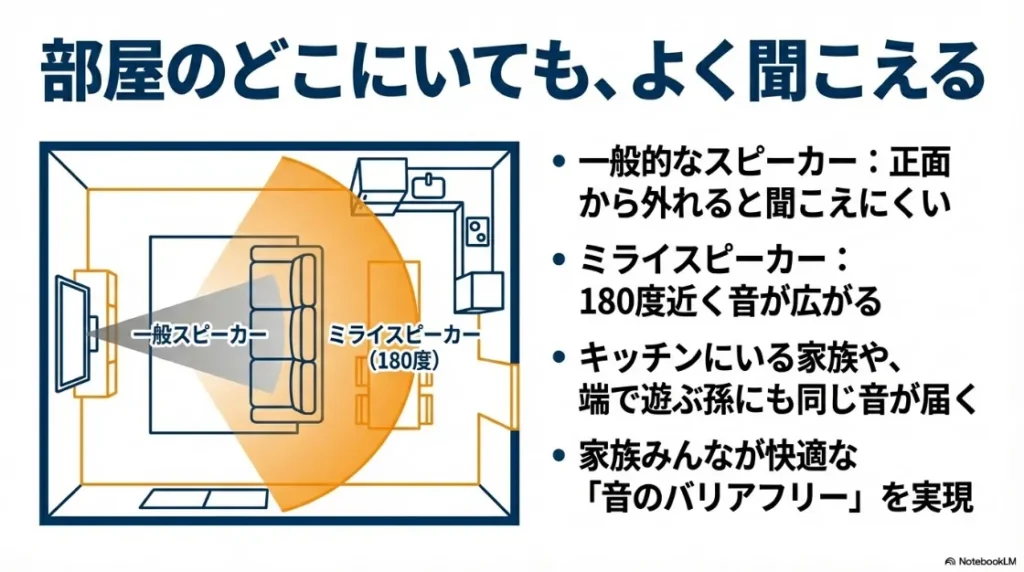 一般的なスピーカーの狭い指向性と、ミライスピーカーの180度広がる音をリビングの平面図で比較。キッチンや孫の場所にも音が届く様子