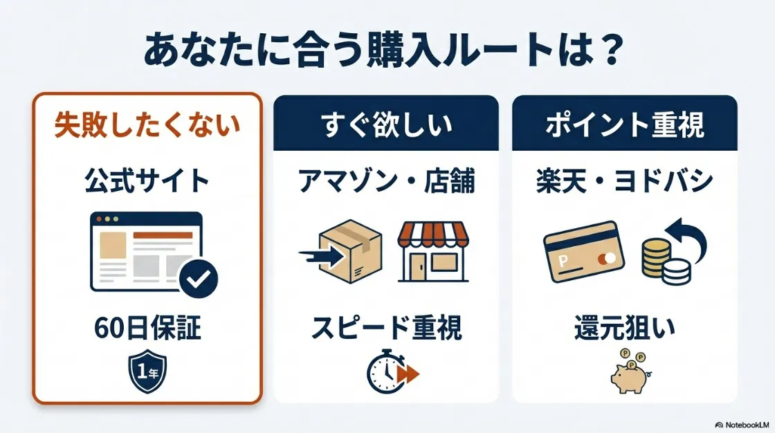 失敗したくない派(公式)、すぐ欲しい派(Amazon)、ポイント重視派(楽天)のチャート