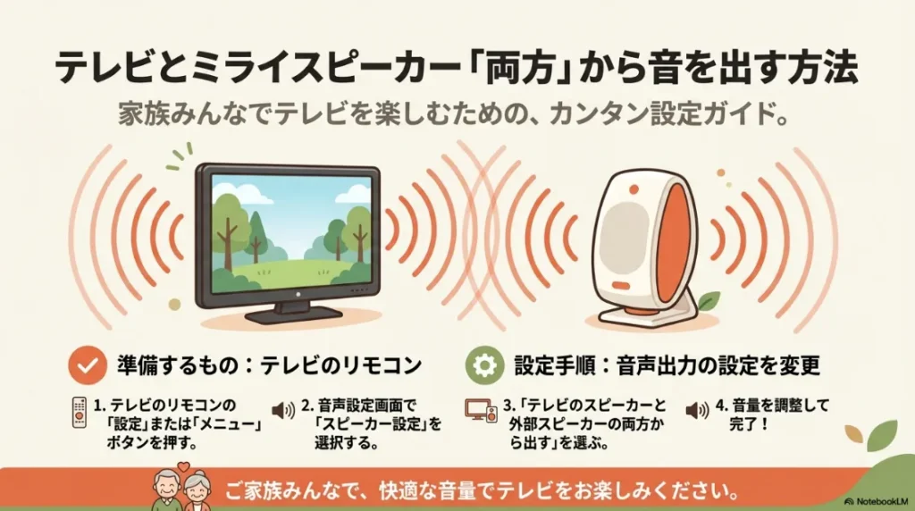 テレビとミライスピーカーの両方から音を出すためのカンタン設定ガイドの表紙