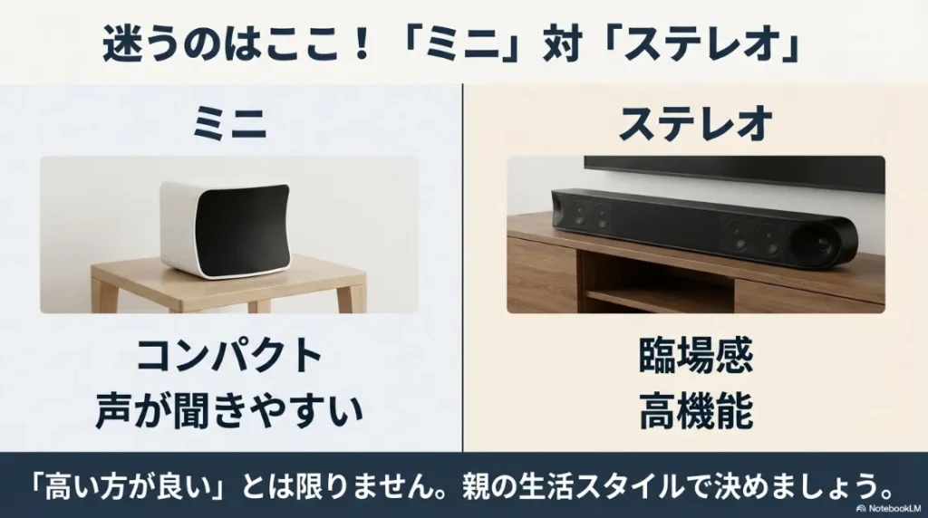 ミライスピーカー・ミニとステレオの比較イメージ。コンパクトさ、声の聞きやすさ、臨場感、高機能などの特徴