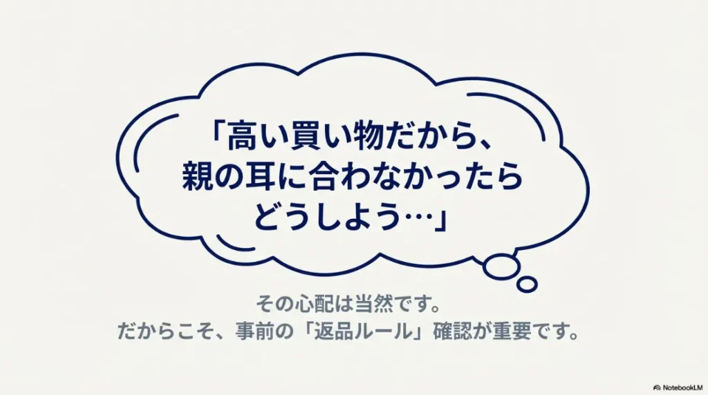 高い買い物だから、親の耳に合わなかったらどうしよう」という購入前の不安を表すイラスト