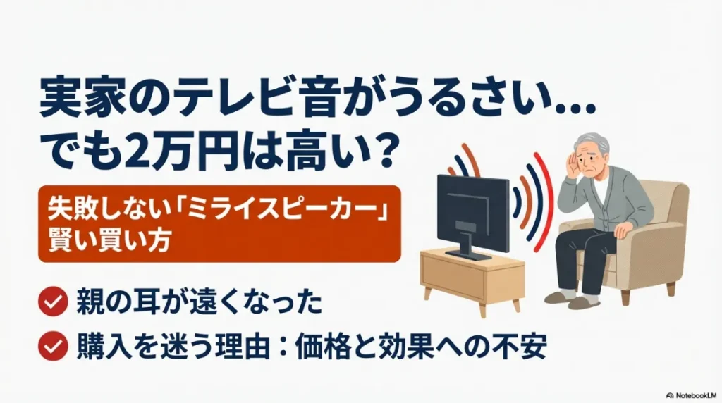 実家のテレビ音がうるさい、親の耳が遠くなった悩みとミライスピーカー購入の迷いを解説するスライド