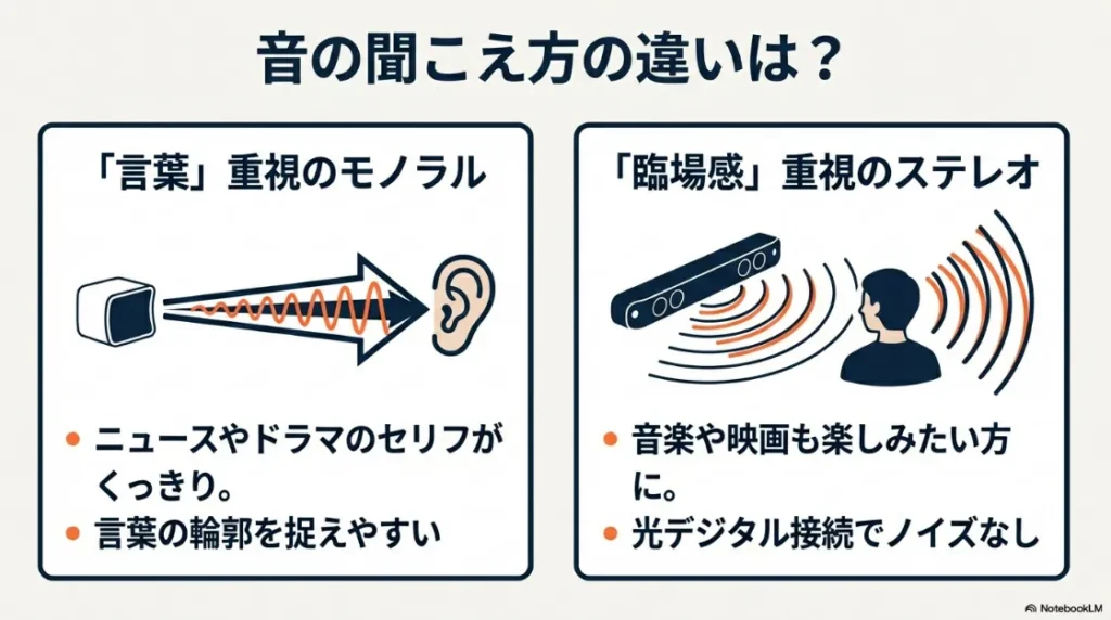 言葉重視のモノラルと、臨場感重視のステレオの音波伝達イメージ図