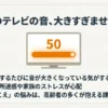 テレビ画面に音量50と表示され、実家のテレビの音が大きすぎることや近所迷惑を心配する内容のスライド