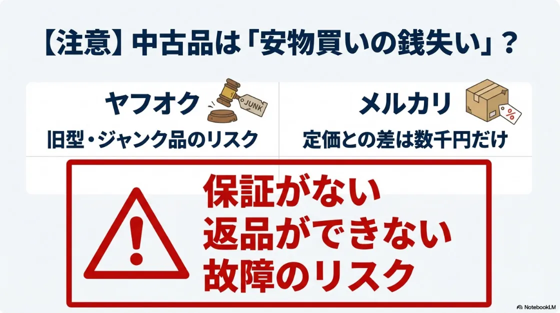 ヤフオクやメルカリでの旧型・ジャンク品のリスク(保証なし、返品不可)を警告
