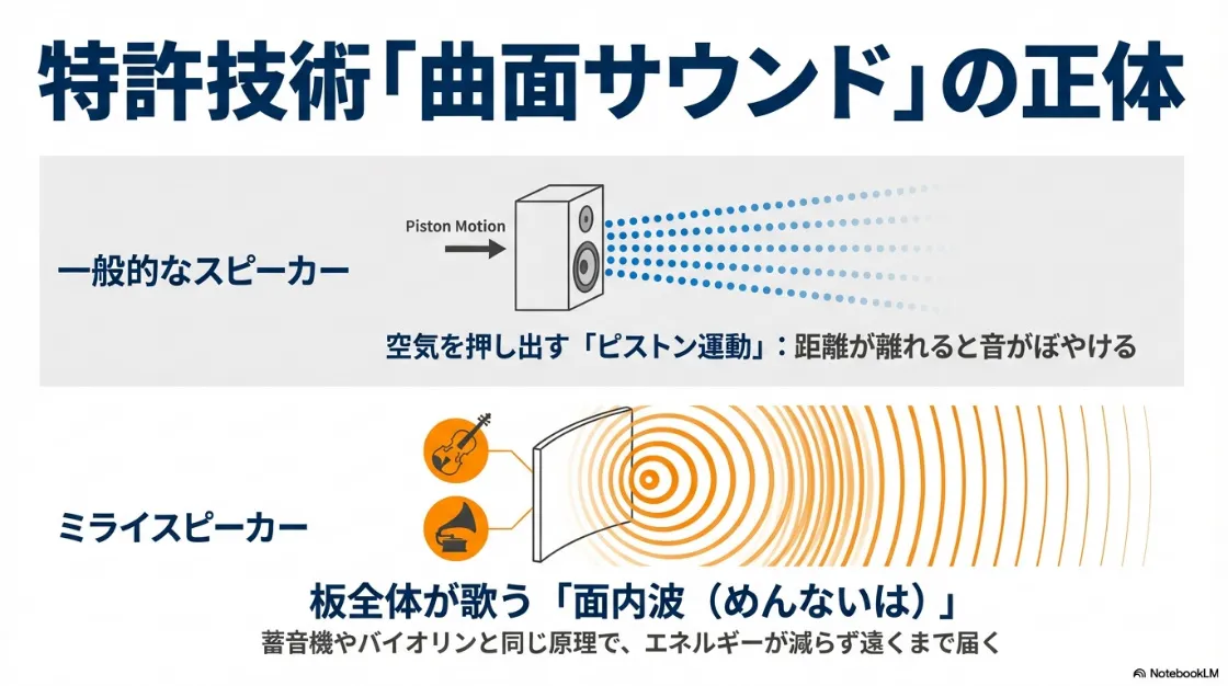 一般的なスピーカーの「ピストン運動」とミライスピーカーの「面内波」の比較図。面内波はエネルギーが減らず遠くまで届く様子を蓄音機やバイオリンに例えて説明
