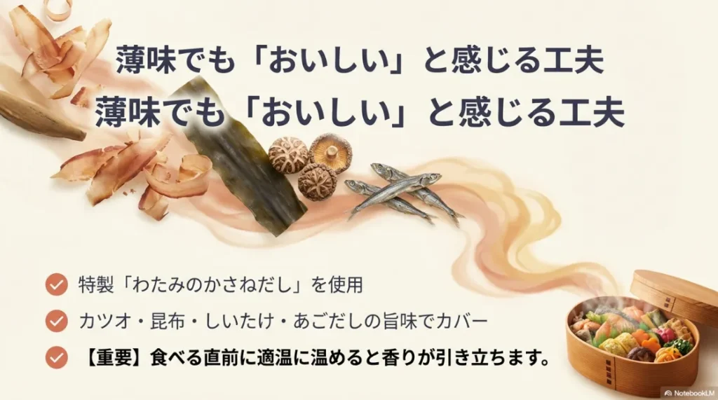 特製「わたみのかさねだし」の旨味成分と、食べる直前に温めることで香りが引き立つコツの紹介。