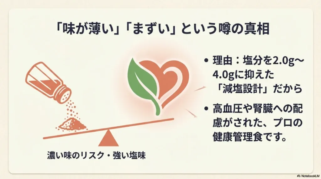 塩分を2.0gから4.0gに抑えた減塩設計で、高血圧や腎臓への配慮がされたプロの健康管理食であることの解説。