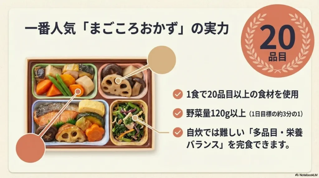 1食で20品目以上の食材を使用し、野菜量120g以上が含まれていることを示す図解。