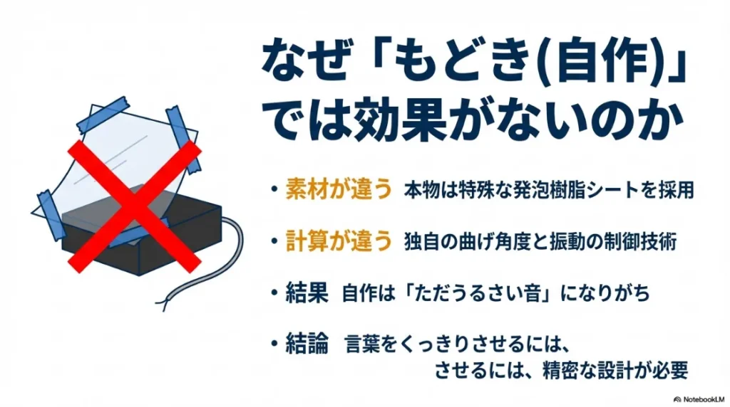 バツ印がついた自作スピーカーのイラスト。本物との素材・計算・結果の違いを比較し、言葉をくっきりさせるには精密な設計が必要と解説している