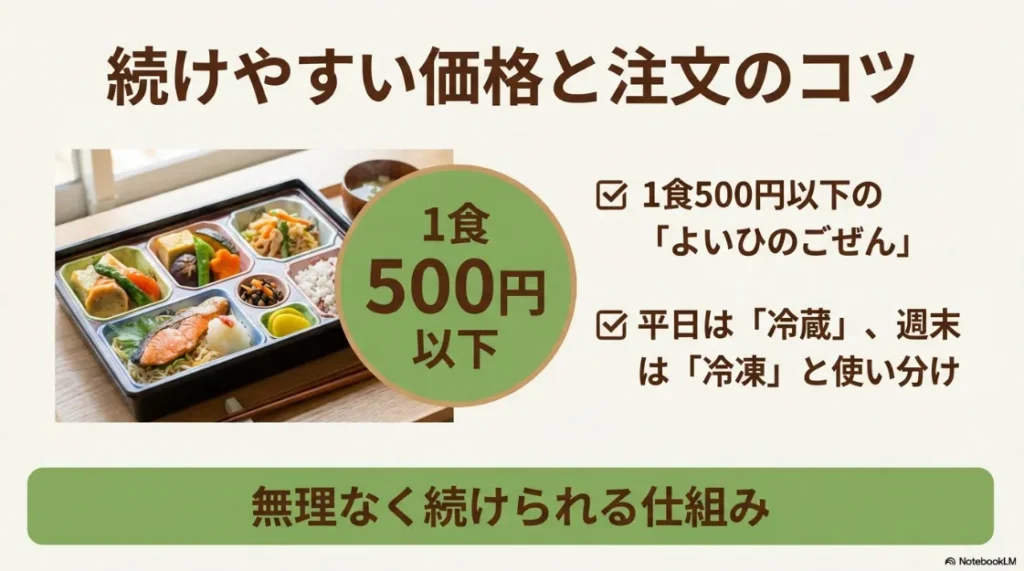1食500円以下の「よいひのごぜん」と冷蔵・冷凍の使い分けによる継続しやすい仕組みの紹介