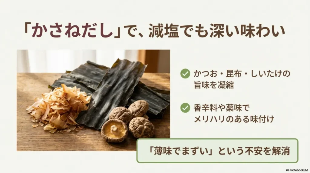 かつお、昆布、しいたけの旨味を凝縮した「かさねだし」と薬味を活用したメリハリのある味付けの説明