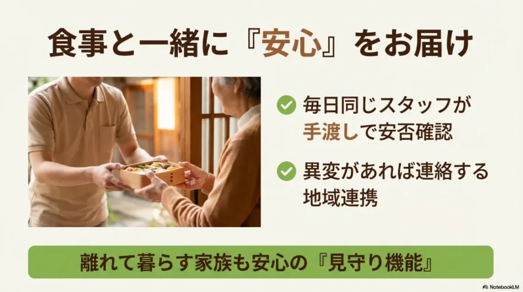 毎日同じスタッフが手渡しでお弁当を届ける際の安否確認と地域連携による見守りサービスのイメージ