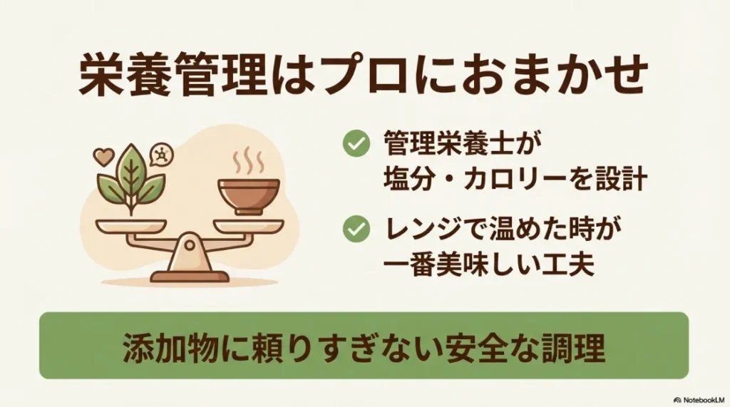 管理栄養士による塩分・カロリー設計と、添加物に頼りすぎない安全な調理についてのイメージ図