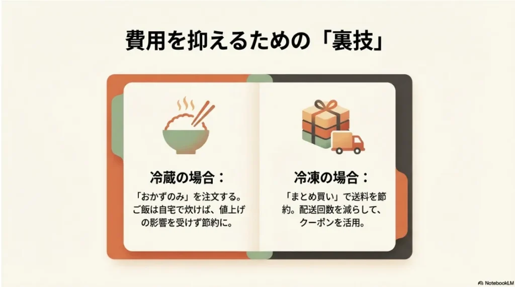 ワタミの宅食を安く利用する裏技。冷蔵はおかずのみ注文、冷凍はまとめ買いで送料節約する方法