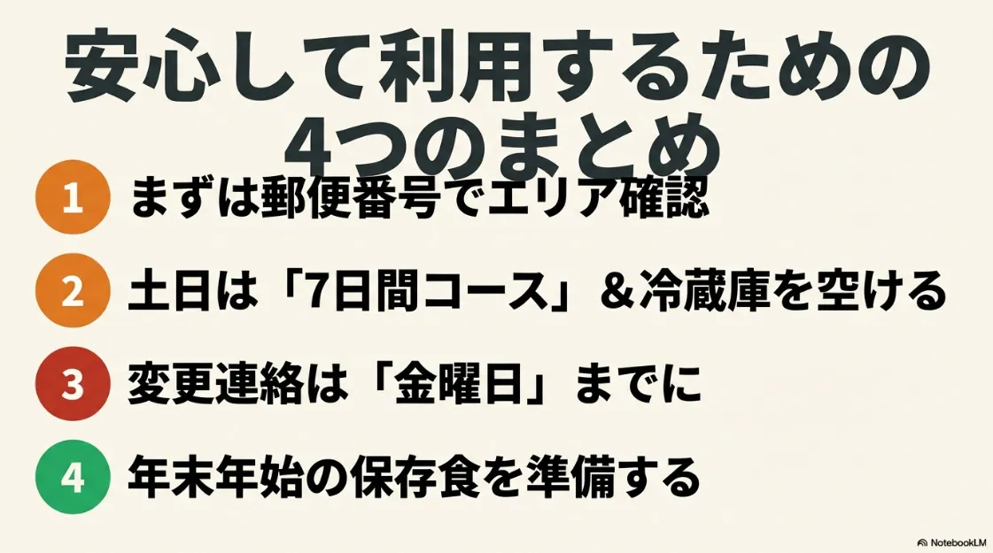 エリア確認、7日間コースと冷蔵庫の空き確保、金曜までの連絡、年末年始の準備という4つの重要ポイント