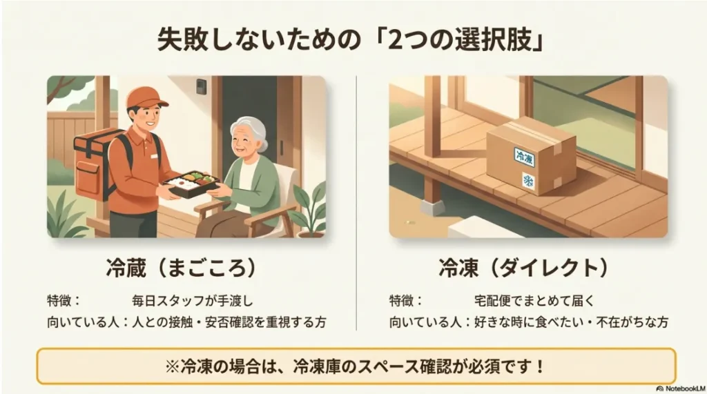 ワタミの宅食における冷蔵（まごころ）と冷凍（ダイレクト）の特徴比較。見守り重視か利便性重視かの判断基準