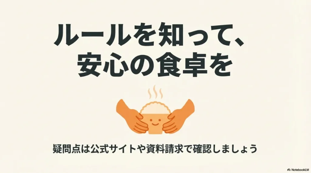 「ルールを知って、安心の食卓を」というメッセージと、公式サイトでの最終確認の推奨