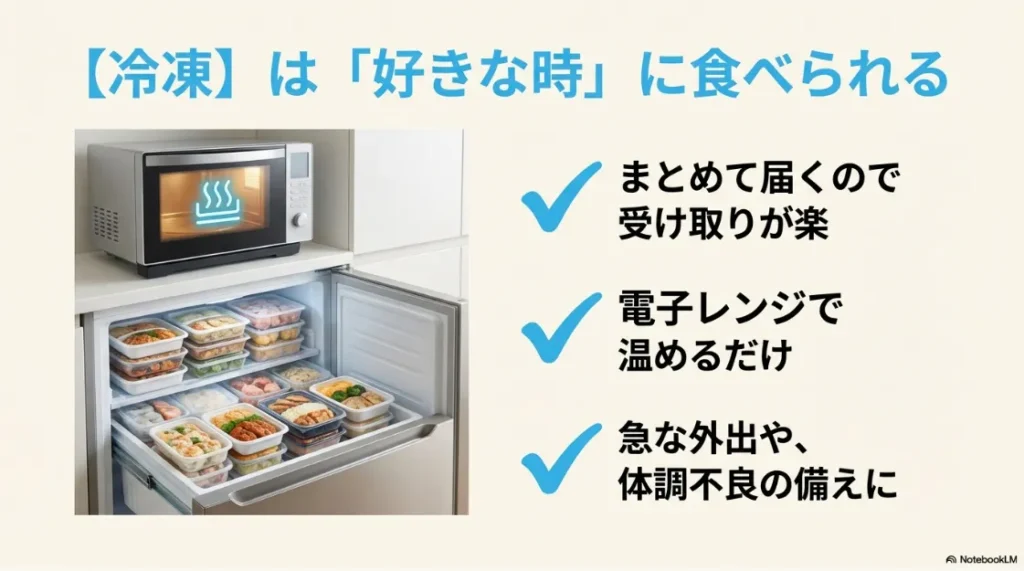 冷凍庫にストックされたお弁当と、電子レンジで温めるだけで食べられる手軽さの紹介。