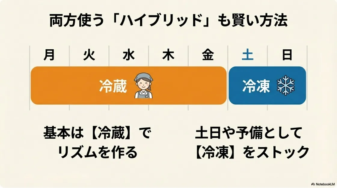 平日は冷蔵、土日は冷凍をストックして利用する、効率的なハイブリッド利用のスケジュール例。