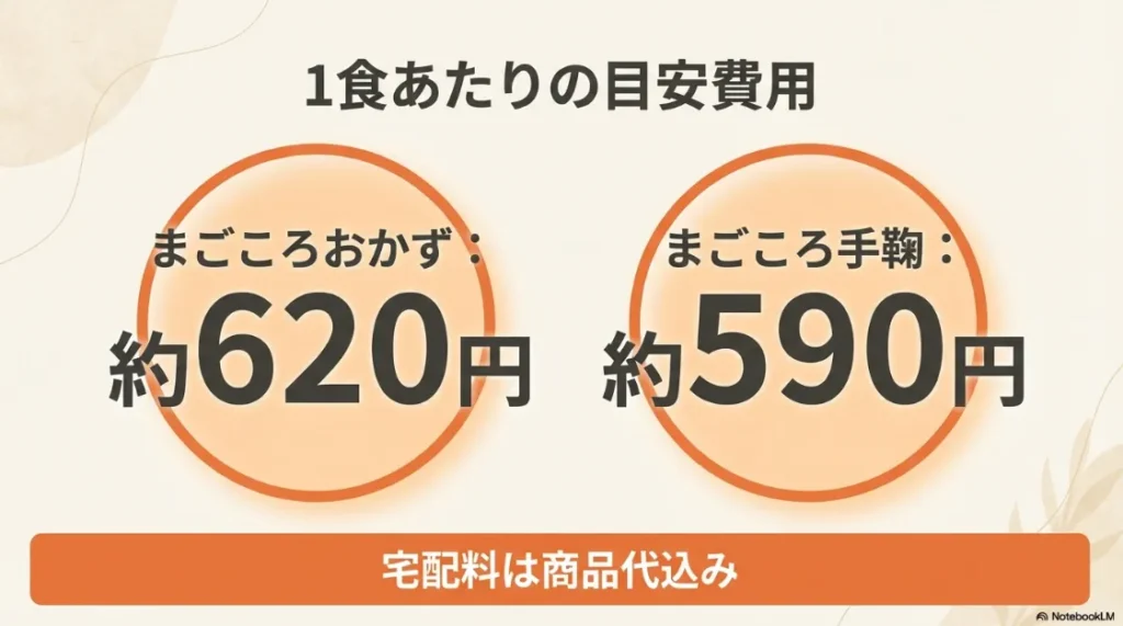 まごころおかず約620円、まごころ手鞠約590円など、ワタミの宅食の1食あたりの価格目安