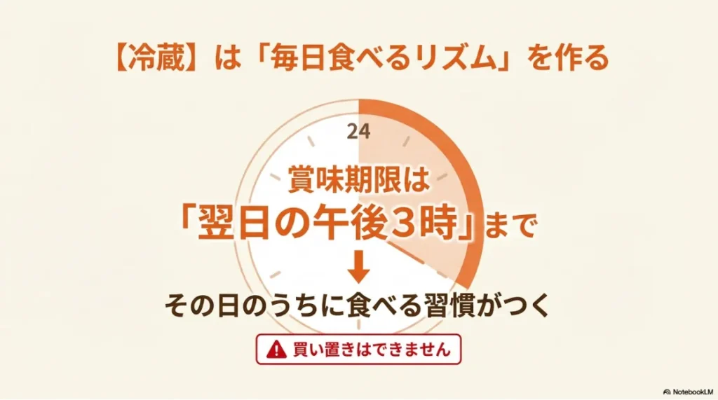 冷蔵弁当の賞味期限が「翌日午後3時」であることと、それにより毎日食べる習慣がつくメリットの解説。