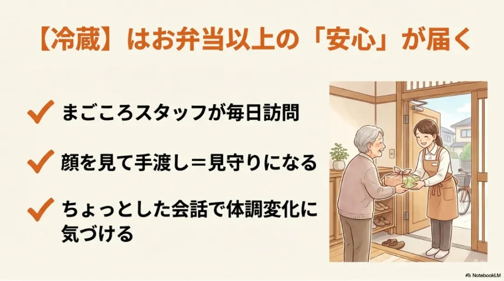 まごころスタッフが利用者に手渡しでお弁当を届け、体調変化に気づく「見守り」のイメージ図。