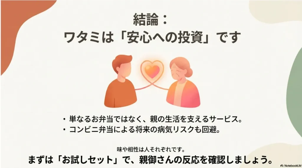 ワタミの宅食を利用する真の価値。単なるお弁当ではなく親の生活を支える安心への投資であるという結論
