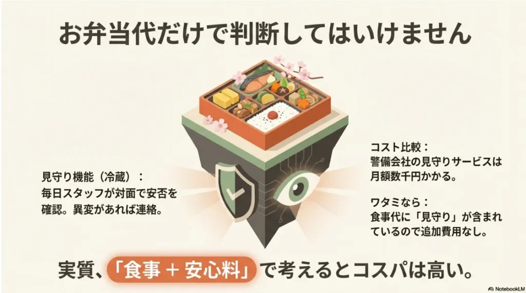 ワタミの宅食（冷蔵）に含まれる見守り機能の価値。警備会社と比較した際の食事＋安心のトータルコストの優位性
