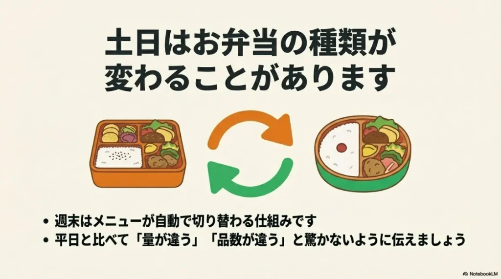 週末はメニューが自動で切り替わり、平日と量や品数が異なる場合があることの事前告知